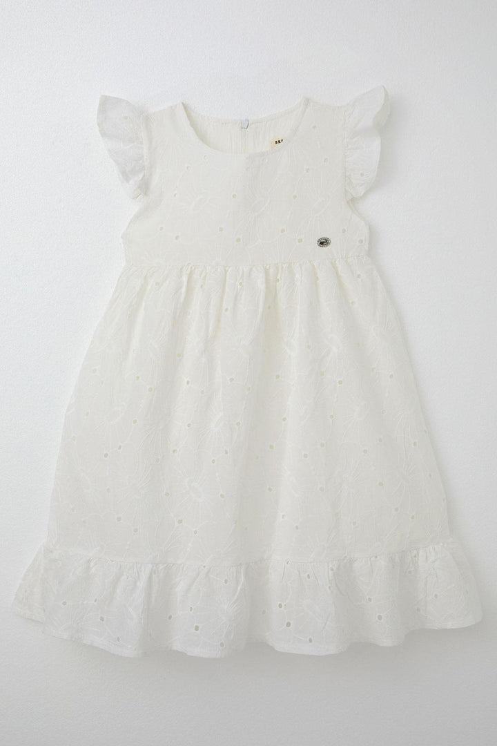 BRE Breeze Girl's Dress with Lace Flower Embroidery, 4-9 Years, Ecru - Lubny