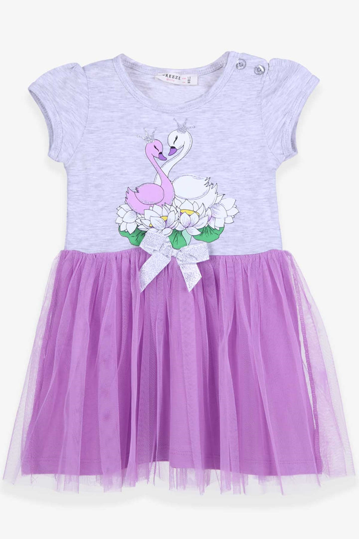 BRE Breeze Girl's Dress Swan Printed 1.5-5 Years, Grey Melange - Sevilla