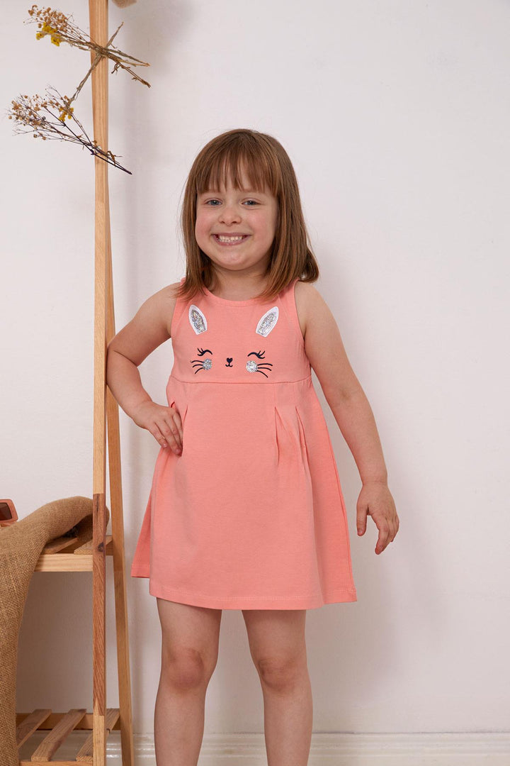 BRE Breeze Girl Dress Embroidered Sequined Cute Cat Printed 1.5-5 Years, Salmon - Hanover Park