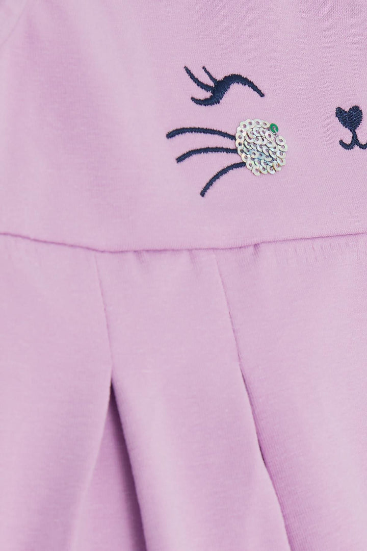 BRE Breeze Girl's Dress Embroidered Sequined Cute Cat Printed 1.5-5 Years, Lilac - Arnsberg