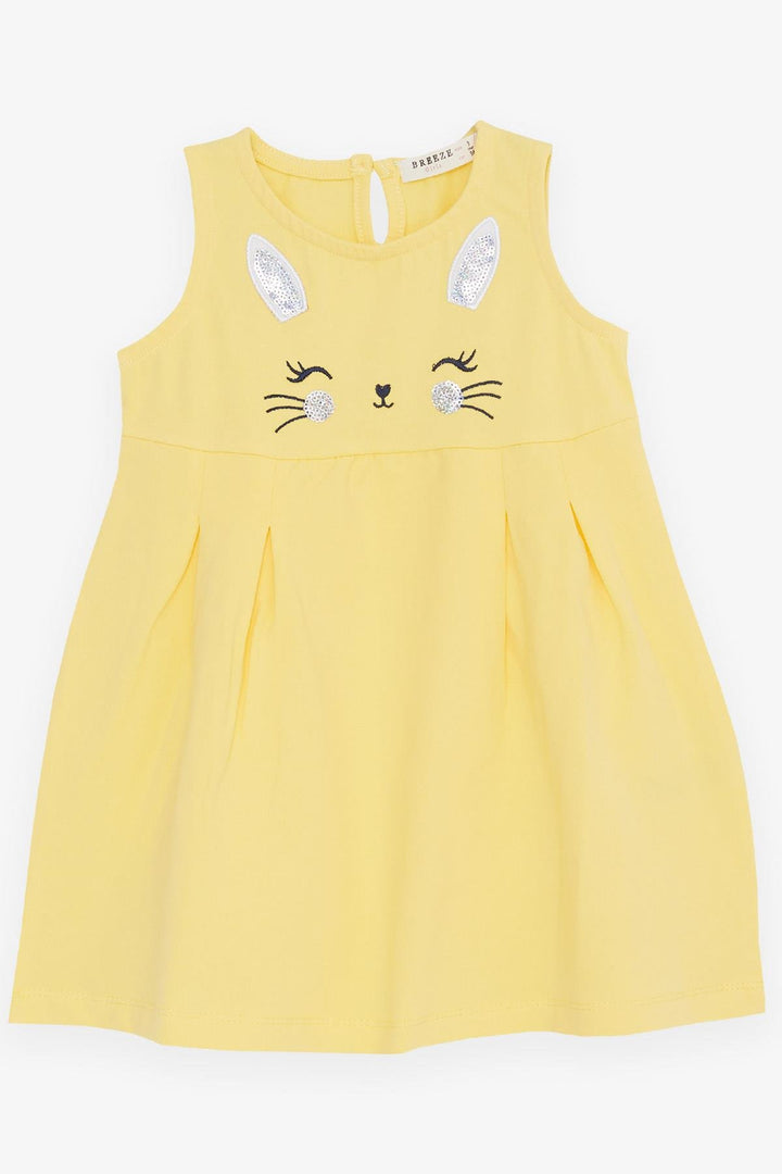 BRE Breeze Girl Dress Embroidered Sequined Cute Cat Printed 1.5-5 Years, Yellow - Unna