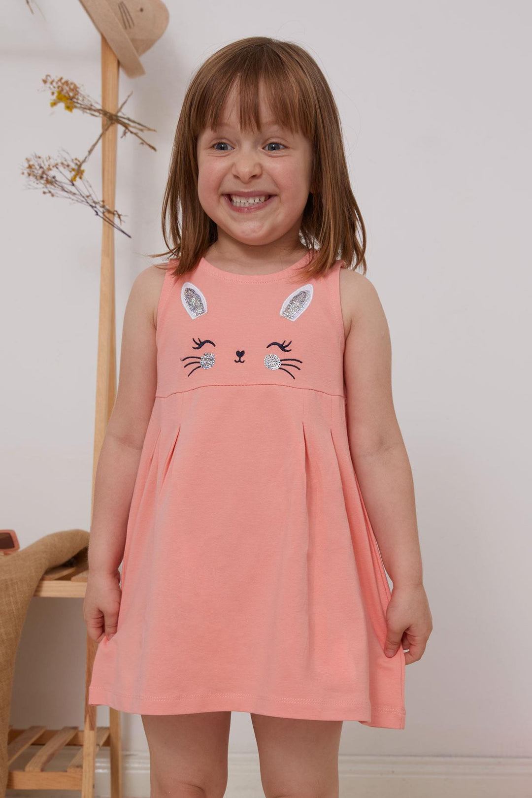 BRE Breeze Girl Dress Embroidered Sequined Cute Cat Printed 1.5-5 Years, Salmon - Hanover Park