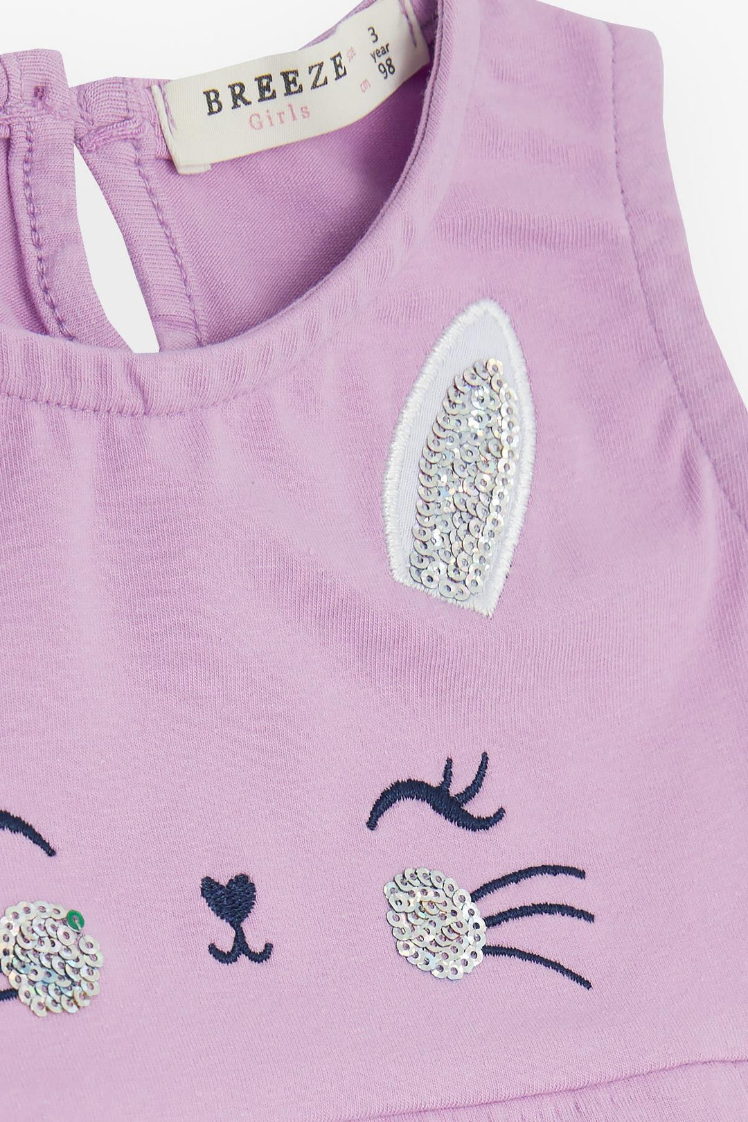 BRE Breeze Girl's Dress Embroidered Sequined Cute Cat Printed 1.5-5 Years, Lilac - Arnsberg