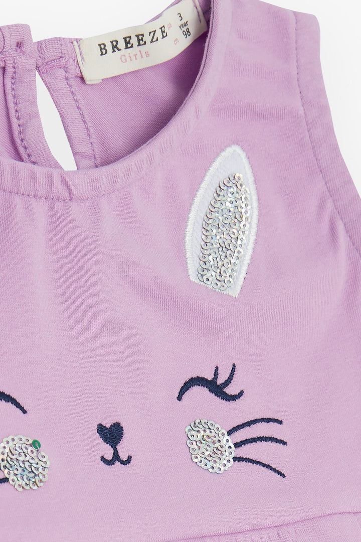 BRE Breeze Girl's Dress Embroidered Sequined Cute Cat Printed 1.5-5 Years, Lilac - Arnsberg