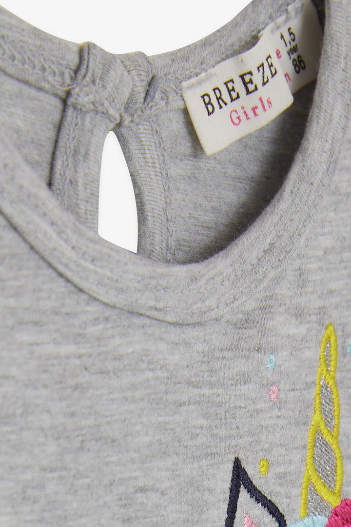 BRE Breeze Girl's Dress Embroidered Unicorn 1.5-5 Years, Grey Melange - Lancaster