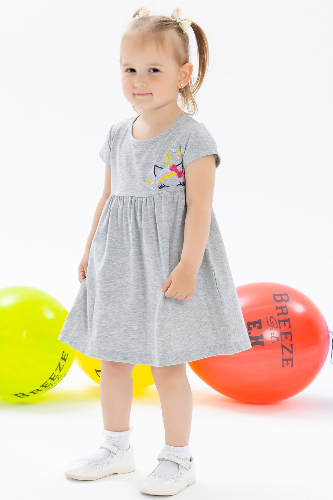 BRE Breeze Girl's Dress Embroidered Unicorn 1.5-5 Years, Grey Melange - Lancaster