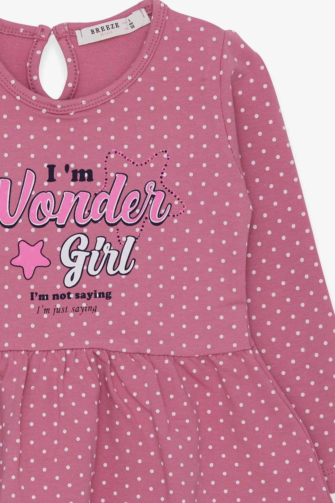 BRE Breeze Girl's Dress with Polka Dot Pattern and Printed Text, 3-7 Years, Rose Pink - Commerce City
