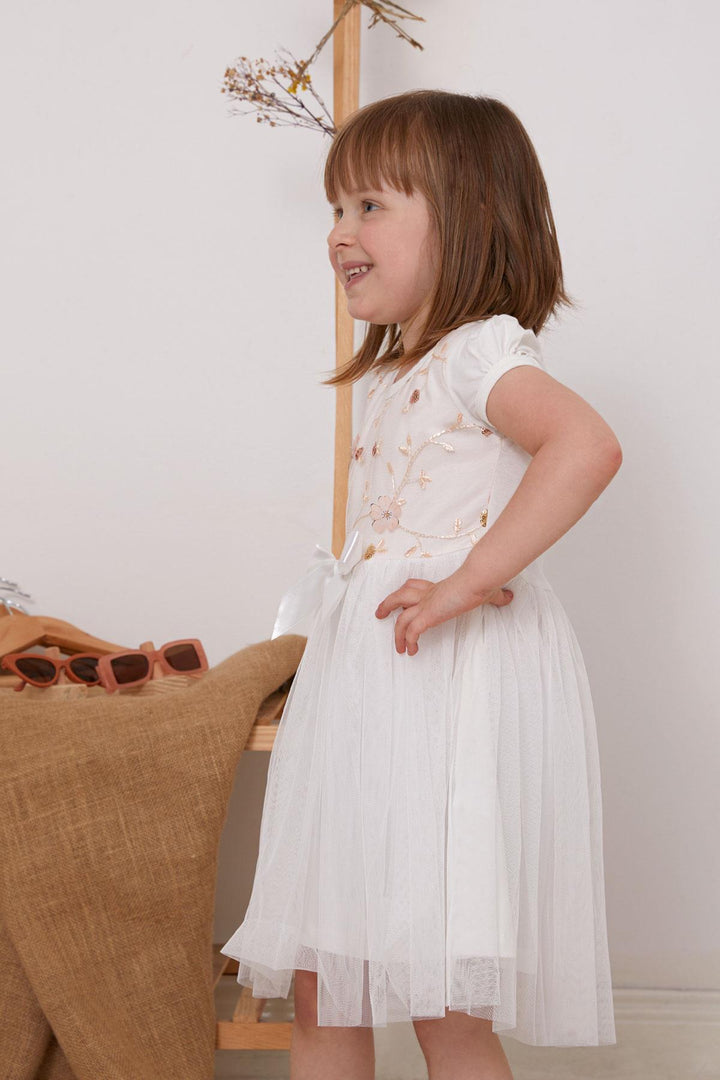 BRE Breeze Girl's Dress with Sequin Embroidery and Bow Tulle 1.5-5 Years, Ecru - Toronto