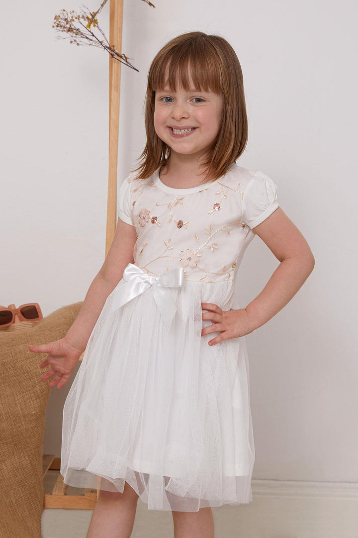 BRE Breeze Girl's Dress with Sequin Embroidery and Bow Tulle 1.5-5 Years, Ecru - Toronto