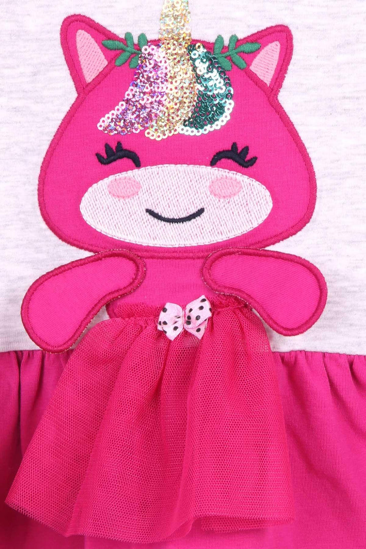 BRE Breeze Girl's Dress with Sequined Embroidered Cat, 1-4 Years, Light Grey Melange - San Francisco