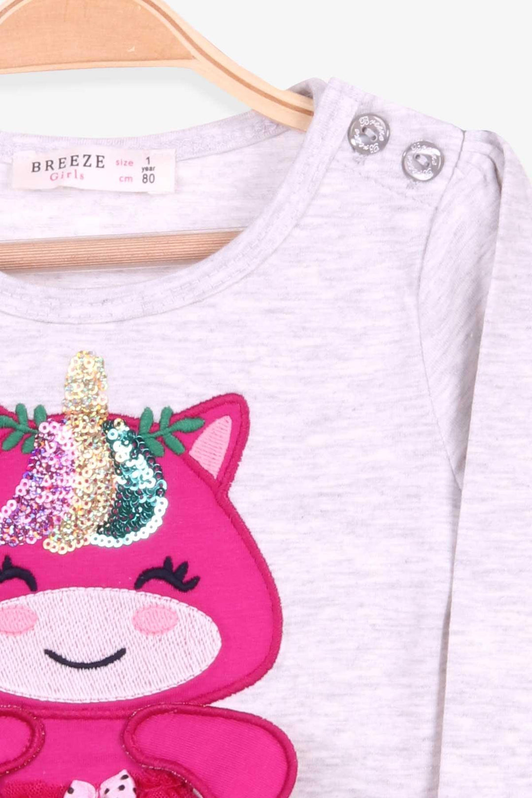 BRE Breeze Girl's Dress with Sequined Embroidered Cat, 1-4 Years, Light Grey Melange - San Francisco
