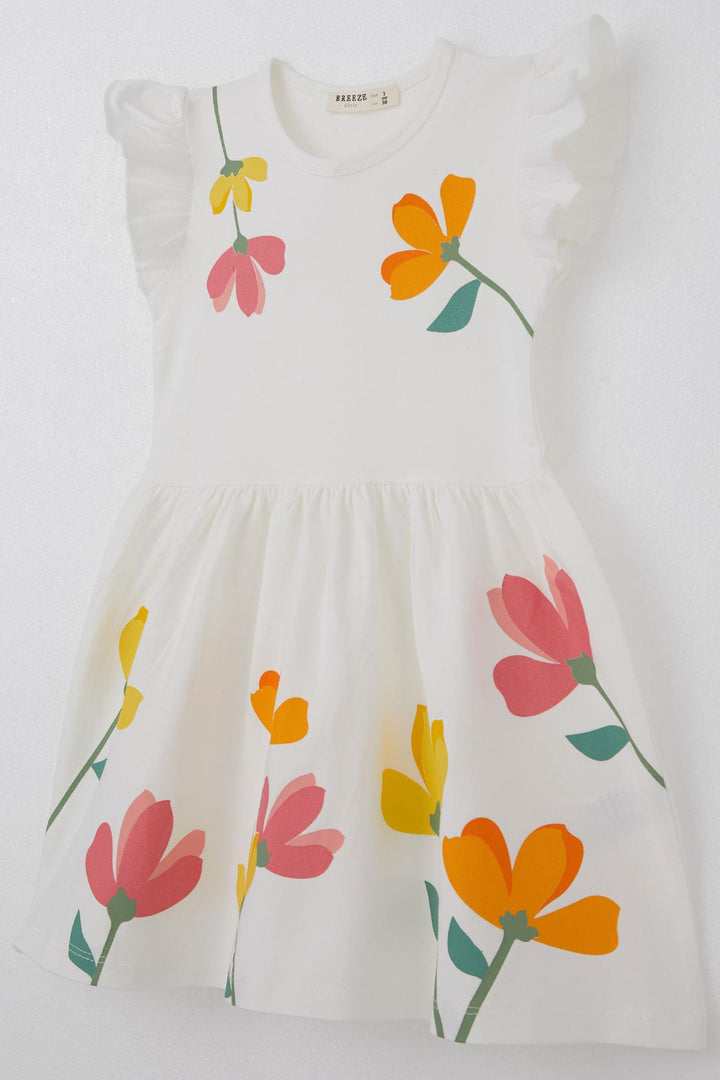 BRE Breeze Girl's Dress with Colorful Flower Patterned Ruffled Sleeves Detail, 2-6 Years, Ecru - Commerce City
