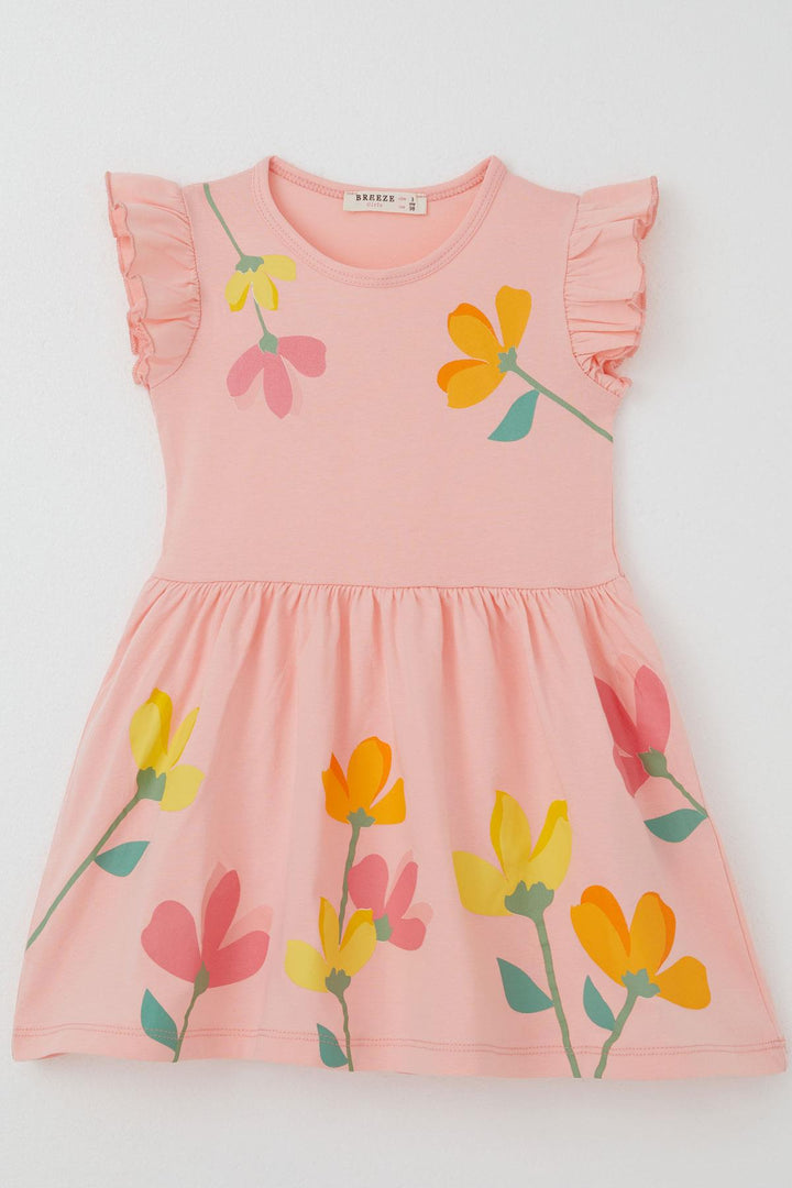 BRE Breeze Girl's Dress Colorful Flower Patterned Ruffled Sleeves Detail 2-6 Years, Salmon - Temoaya