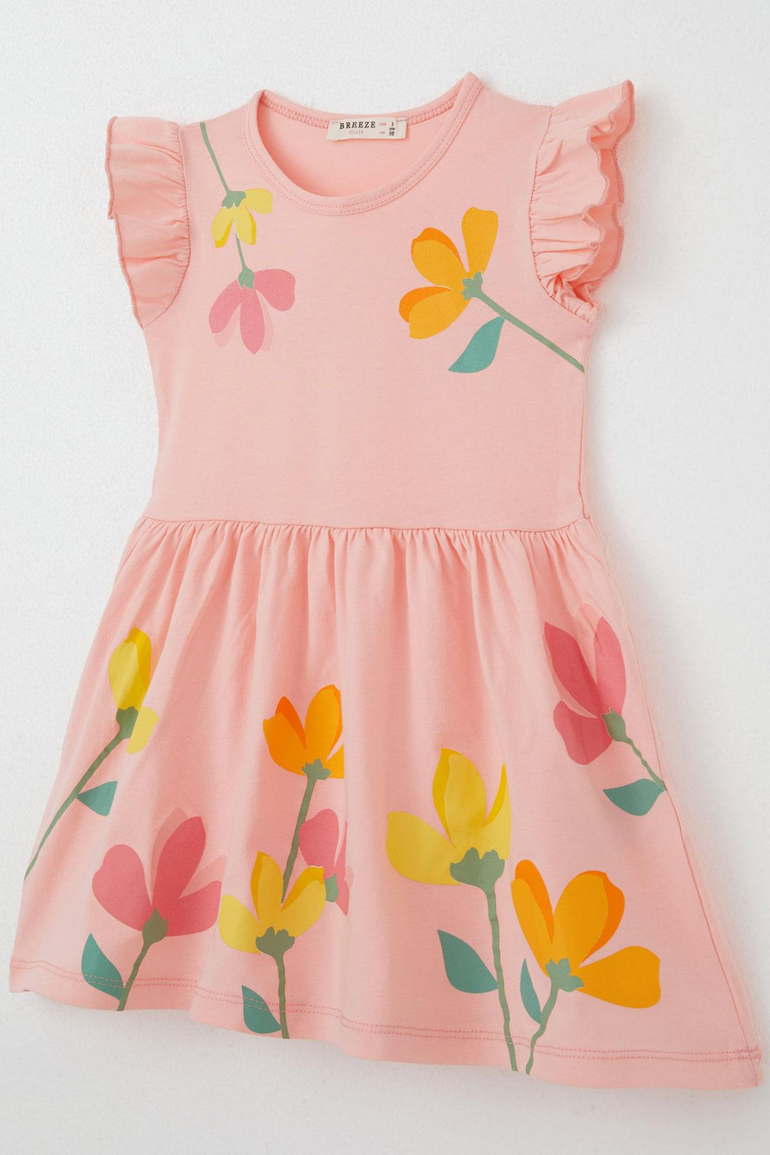 BRE Breeze Girl's Dress Colorful Flower Patterned Ruffled Sleeves Detail 2-6 Years, Salmon - Temoaya