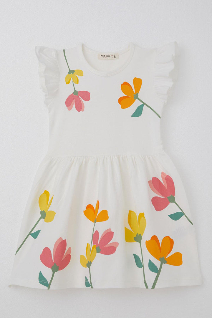 BRE Breeze Girl's Dress with Colorful Flower Patterned Ruffled Sleeves Detail, 2-6 Years, Ecru - Commerce City