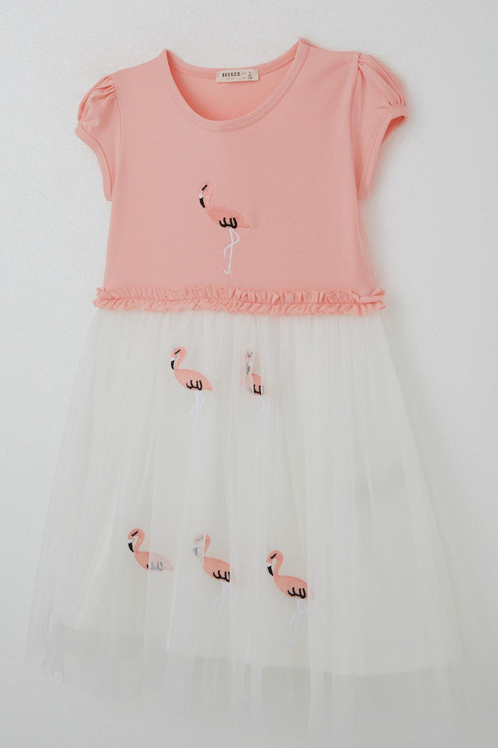 BRE Breeze Girl's Dress Cute Flamingo Embroidered Tulle 4-8 Years, Salmon - Wilrijk
