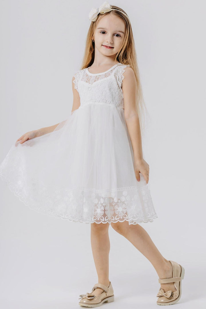 BRE Breeze Girl's Dress with Tulle and Lace, 4-9 Years, White - Hameln