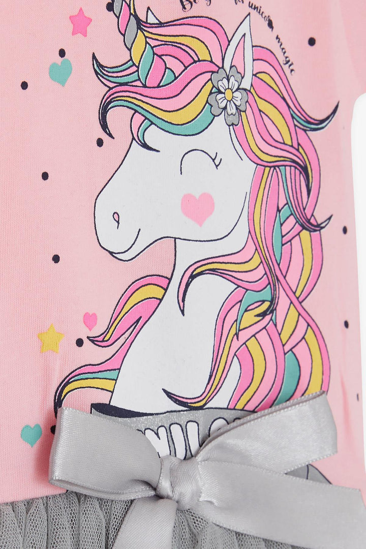 BRE Breeze Girl's Dress Unicorn Printed Tulle with Bow, 3-8 Years, Pink - Botoşani