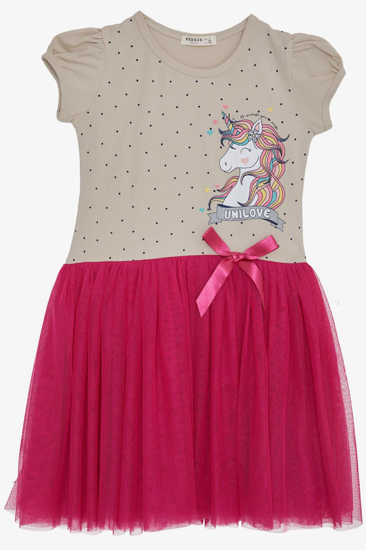 BRE Breeze Girl's Dress Unicorn Printed Tulle with Bow, Beige, 3-8 Years - Bautzen