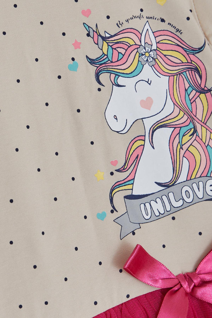 BRE Breeze Girl's Dress Unicorn Printed Tulle with Bow, Beige, 3-8 Years - Bautzen