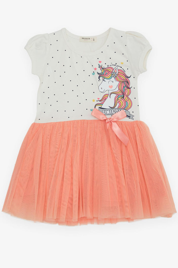 BRE Breeze Girl's Dress Unicorn Printed Tulle with Bow 3-8 Years, Beige - Coconut Creek
