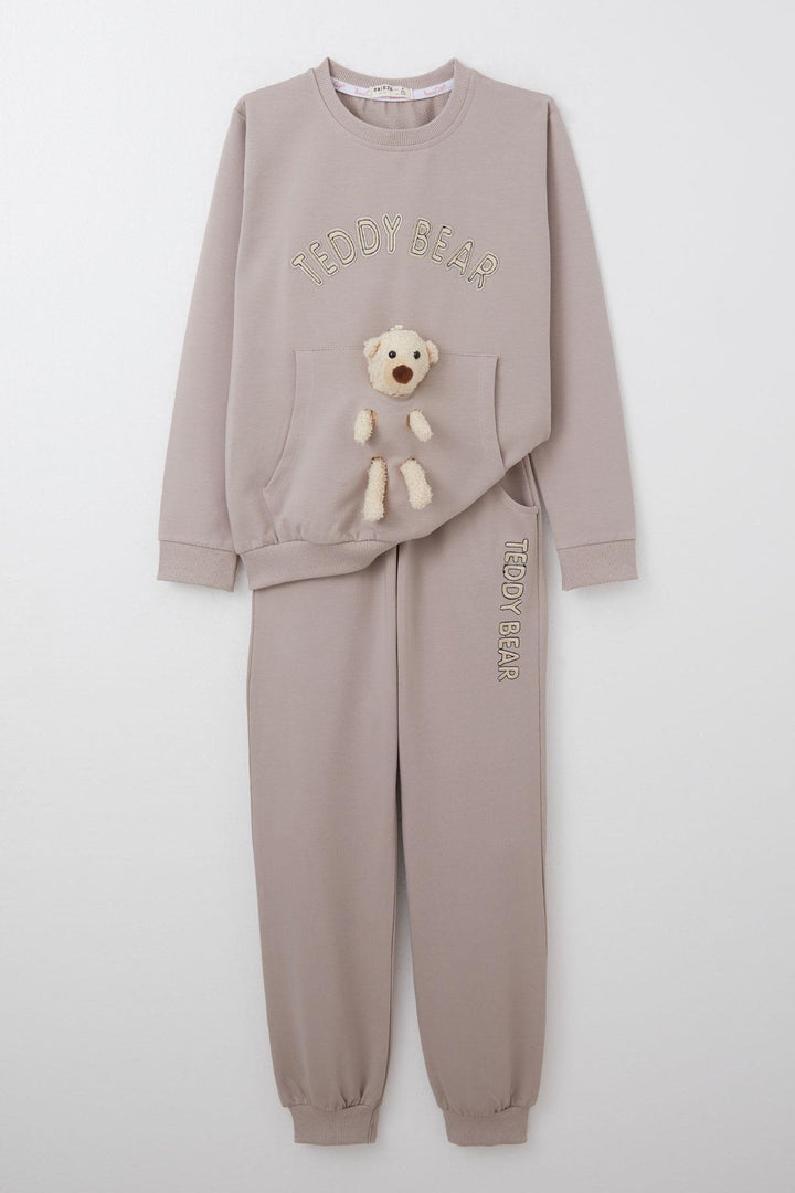 BRE Breeze Girl Child Tracksuit Set with Bear Accessories Embroidered Writing 5-9 Years, Mink - Toulon