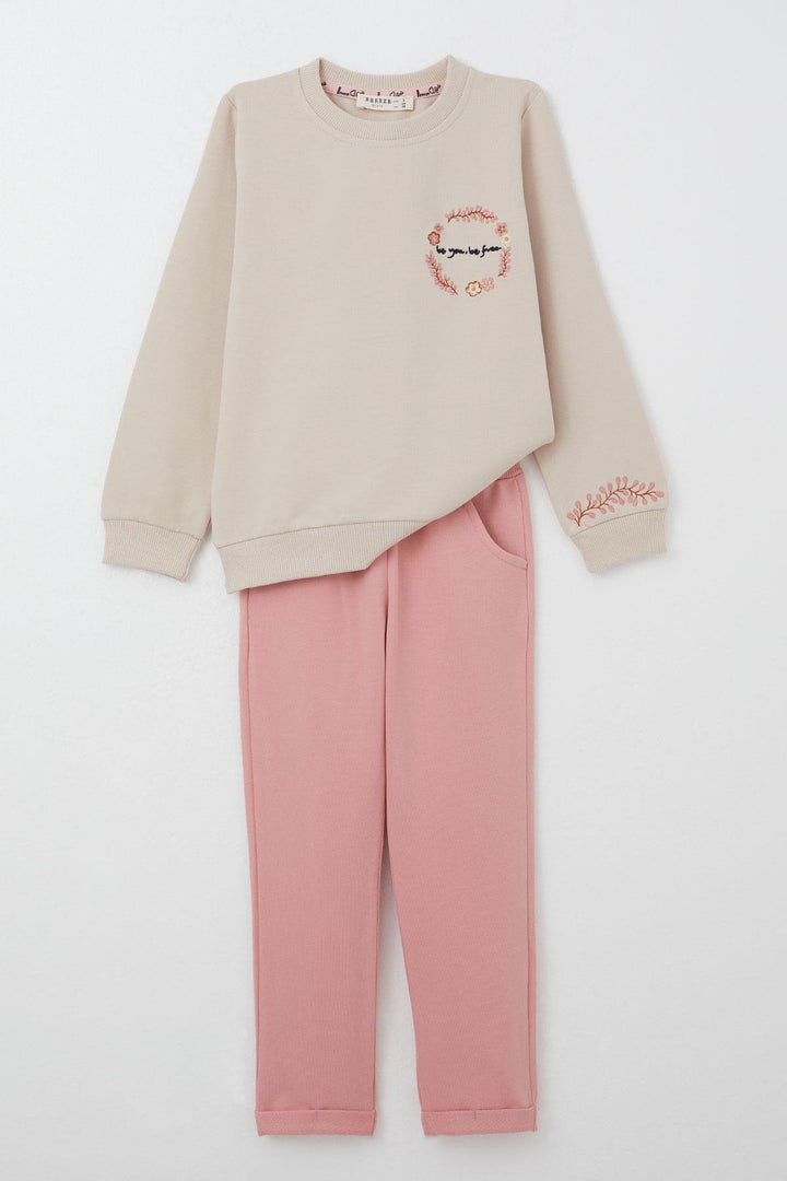 BRE Breeze Girl Child Tracksuit with Flower Embroidery, 1.5-5 Years, Beige - Flagstaff
