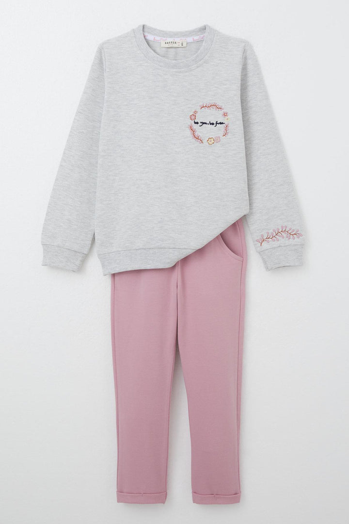 BRE Breeze Girl Child Tracksuit with Flower Embroidery 1.5-5 Years, Light Grey Melange - Council Bluffs