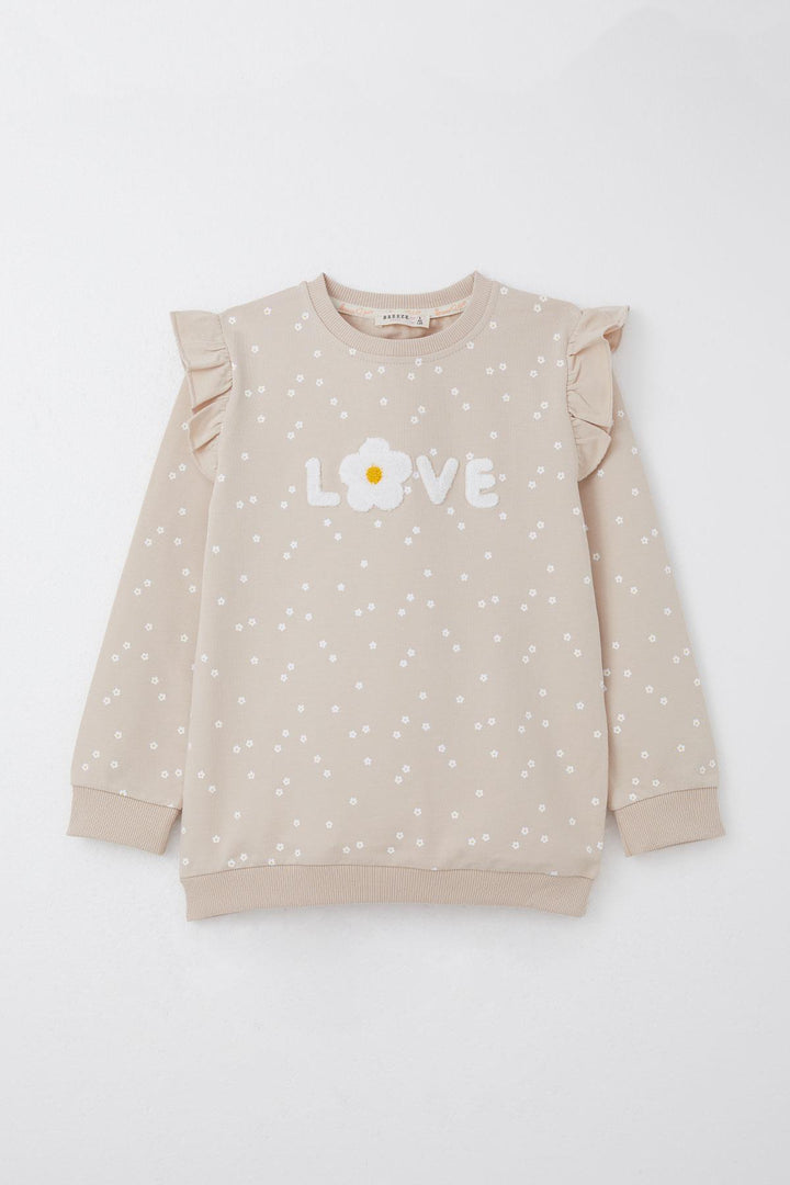 BRE Breeze Girl Child Tracksuit Set Embossed Text Printed Floral 4-8 Years, Beige - Cannes