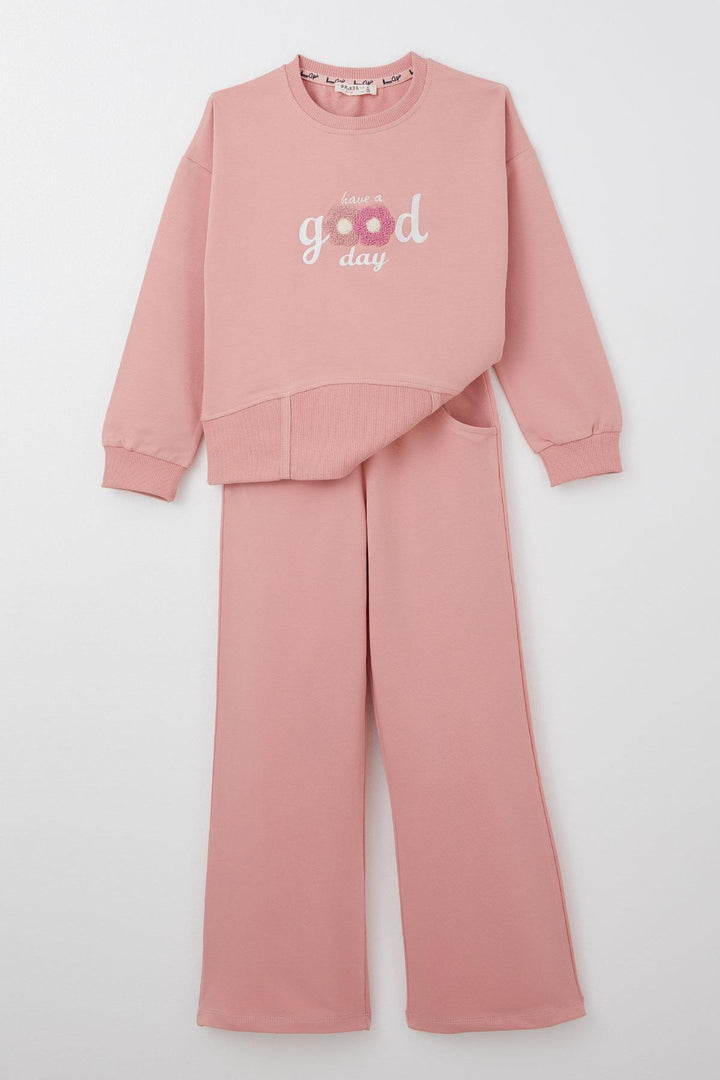 BRE Breeze Girl's Sweat Suit Set with Embossed Flower Embroidery Spanish Pants 50 Years, Rose Pink - Belfort
