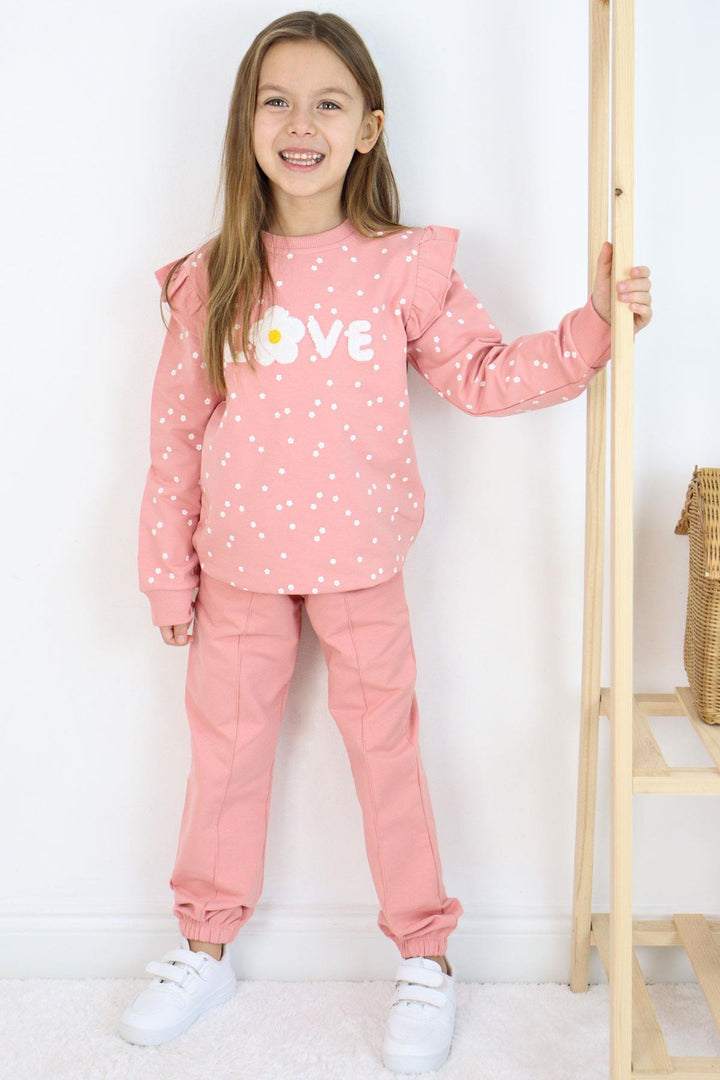 BRE Breeze Girl Child Tracksuit Set Embossed Text Printed Floral 4-8 Years, Rose Pink - Lamía