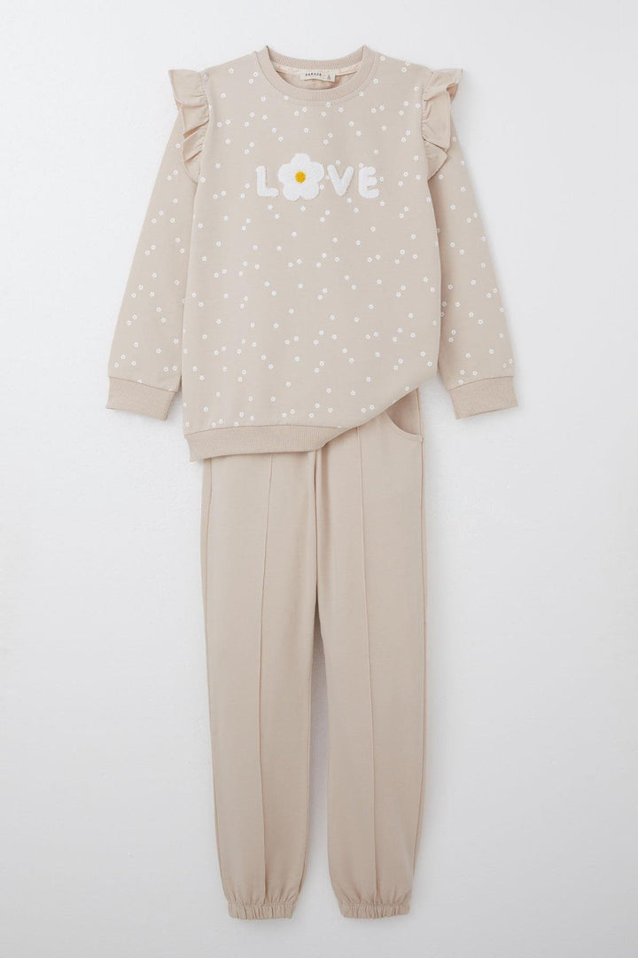BRE Breeze Girl Child Tracksuit Set Embossed Text Printed Floral 4-8 Years, Beige - Cannes