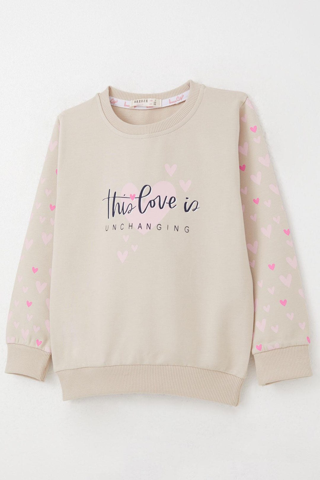 BRE Breeze Girl Child Tracksuit with Heart Patterned Sleeves Printed 3-7 Years, Beige - Mission