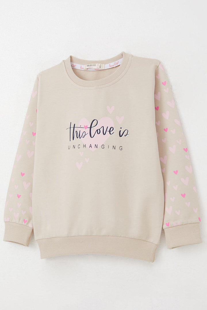 BRE Breeze Girl Child Tracksuit with Heart Patterned Sleeves Printed 3-7 Years, Beige - Mission
