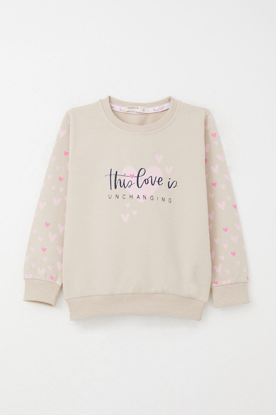BRE Breeze Girl Child Tracksuit with Heart Patterned Sleeves Printed 3-7 Years, Beige - Mission