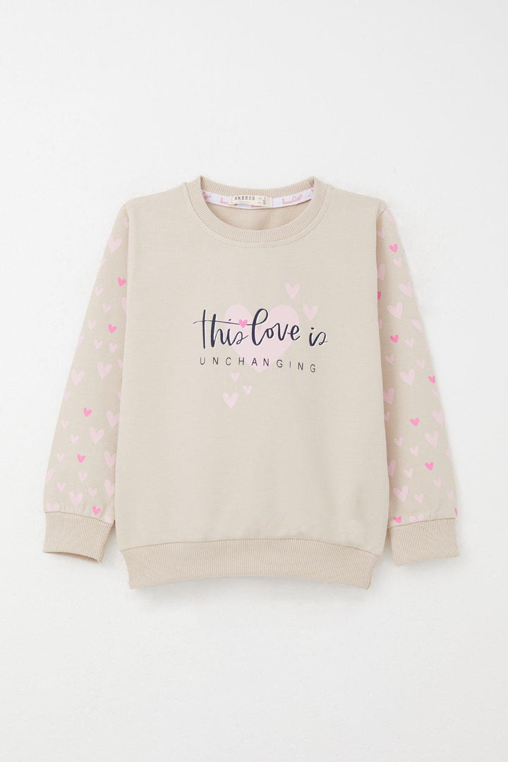 BRE Breeze Girl Child Tracksuit with Heart Patterned Sleeves Printed 3-7 Years, Beige - Mission