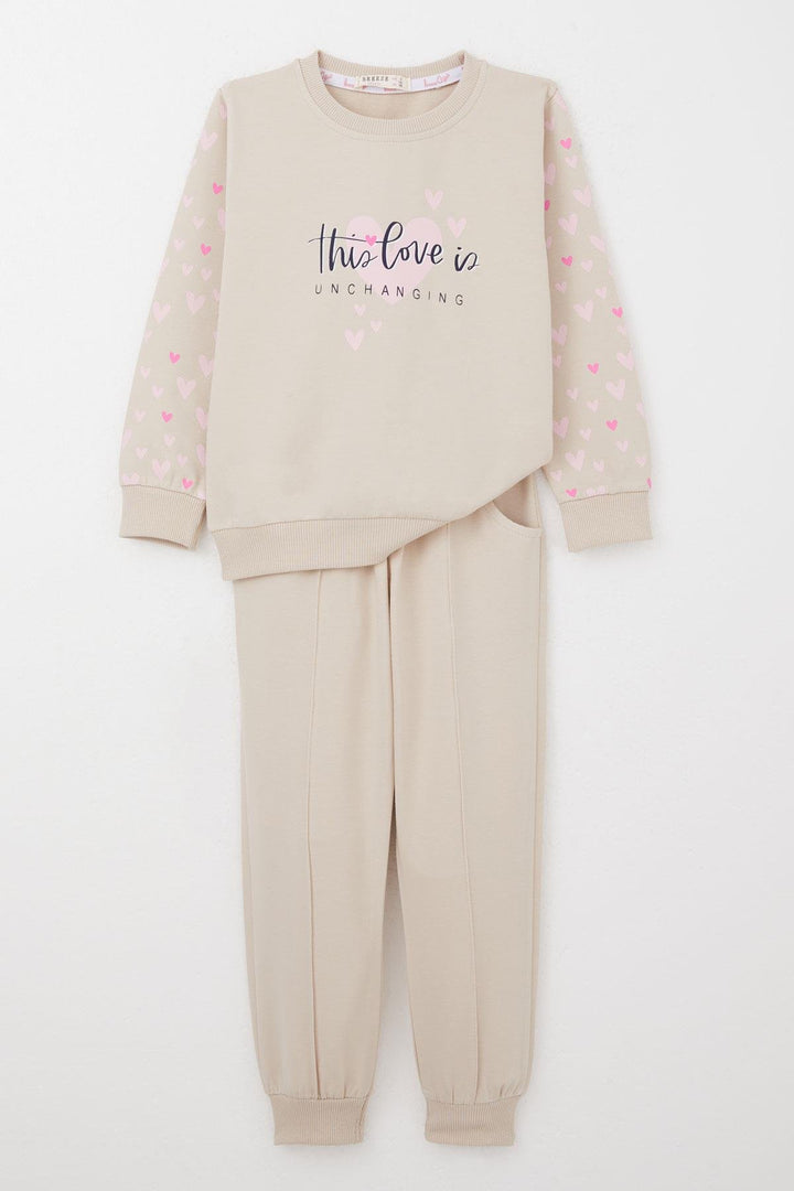 BRE Breeze Girl Child Tracksuit with Heart Patterned Sleeves Printed 3-7 Years, Beige - Mission