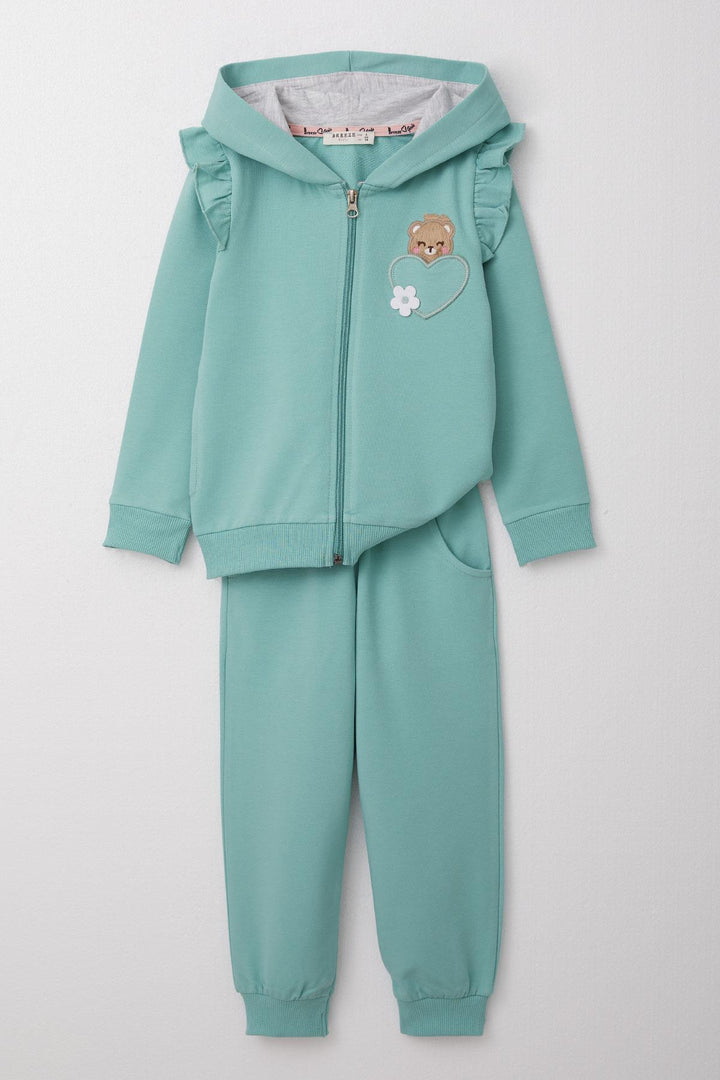 BRE Breeze Girl Child Tracksuit with Cute Heart Pocket Detail and Lovely Bear Embroidery, 2-6 Years, Water Green - Barnsley