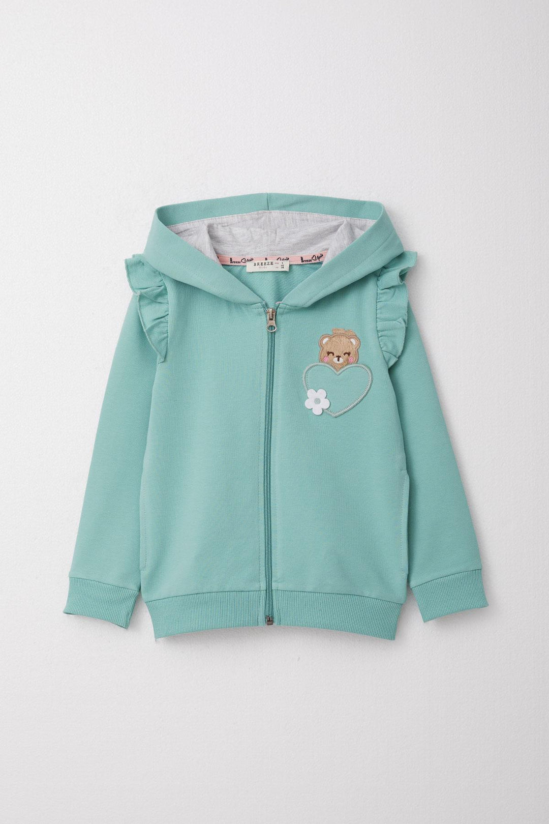 BRE Breeze Girl Child Tracksuit with Cute Heart Pocket Detail and Lovely Bear Embroidery, 2-6 Years, Water Green - Barnsley