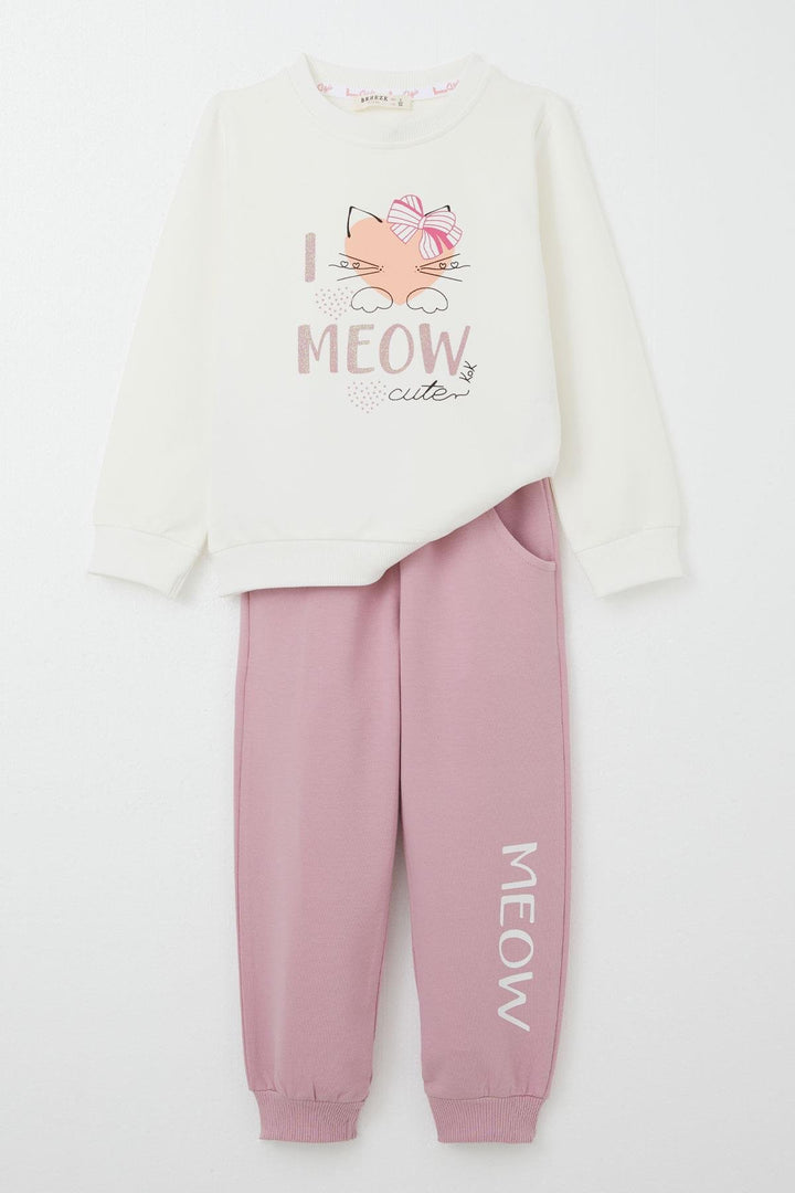 BRE Breeze Girl Child Tracksuit Cute Bow Printed Cat 1.5-5 Years, Ecru - El Monte