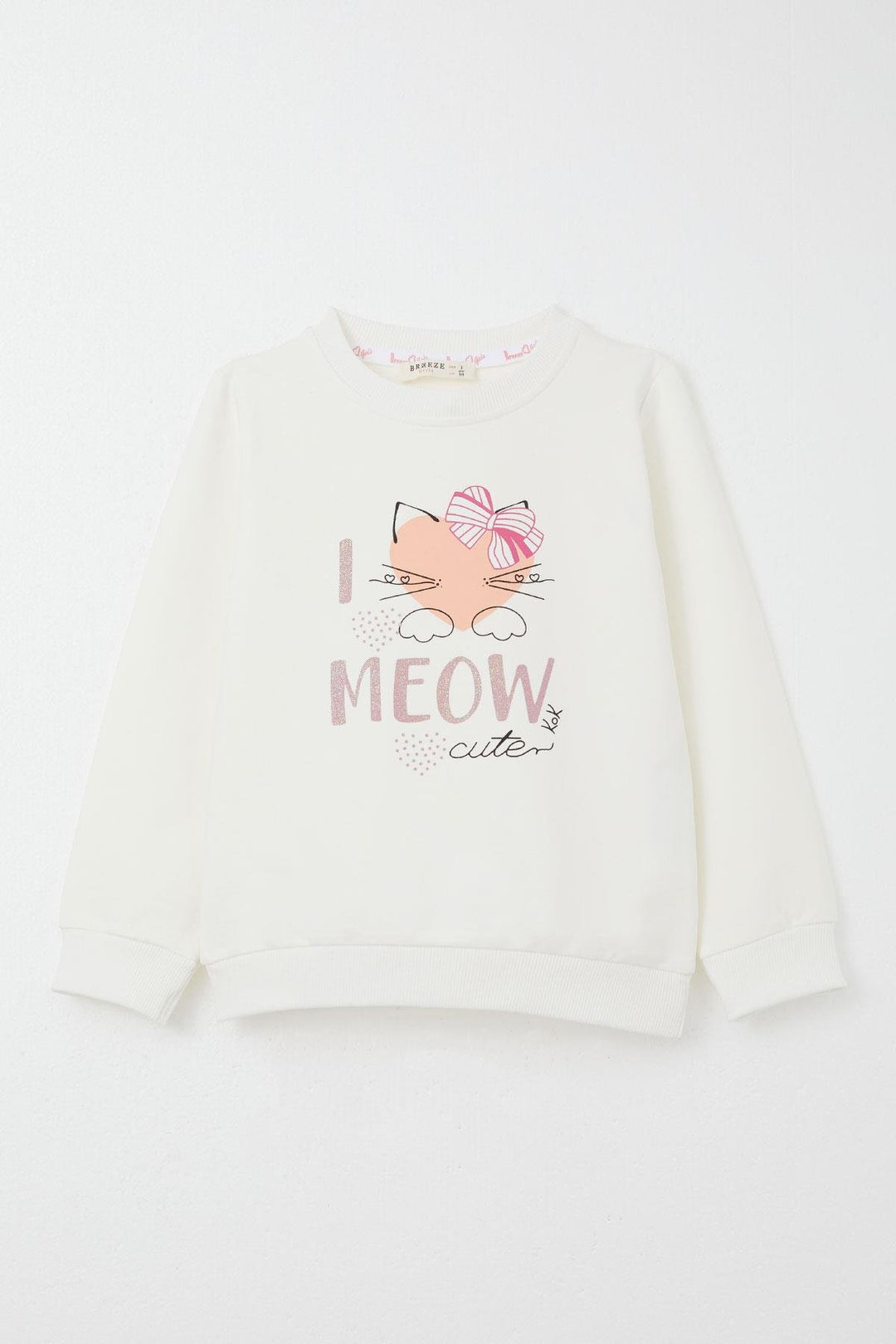 BRE Breeze Girl Child Tracksuit Cute Bow Printed Cat 1.5-5 Years, Ecru - El Monte