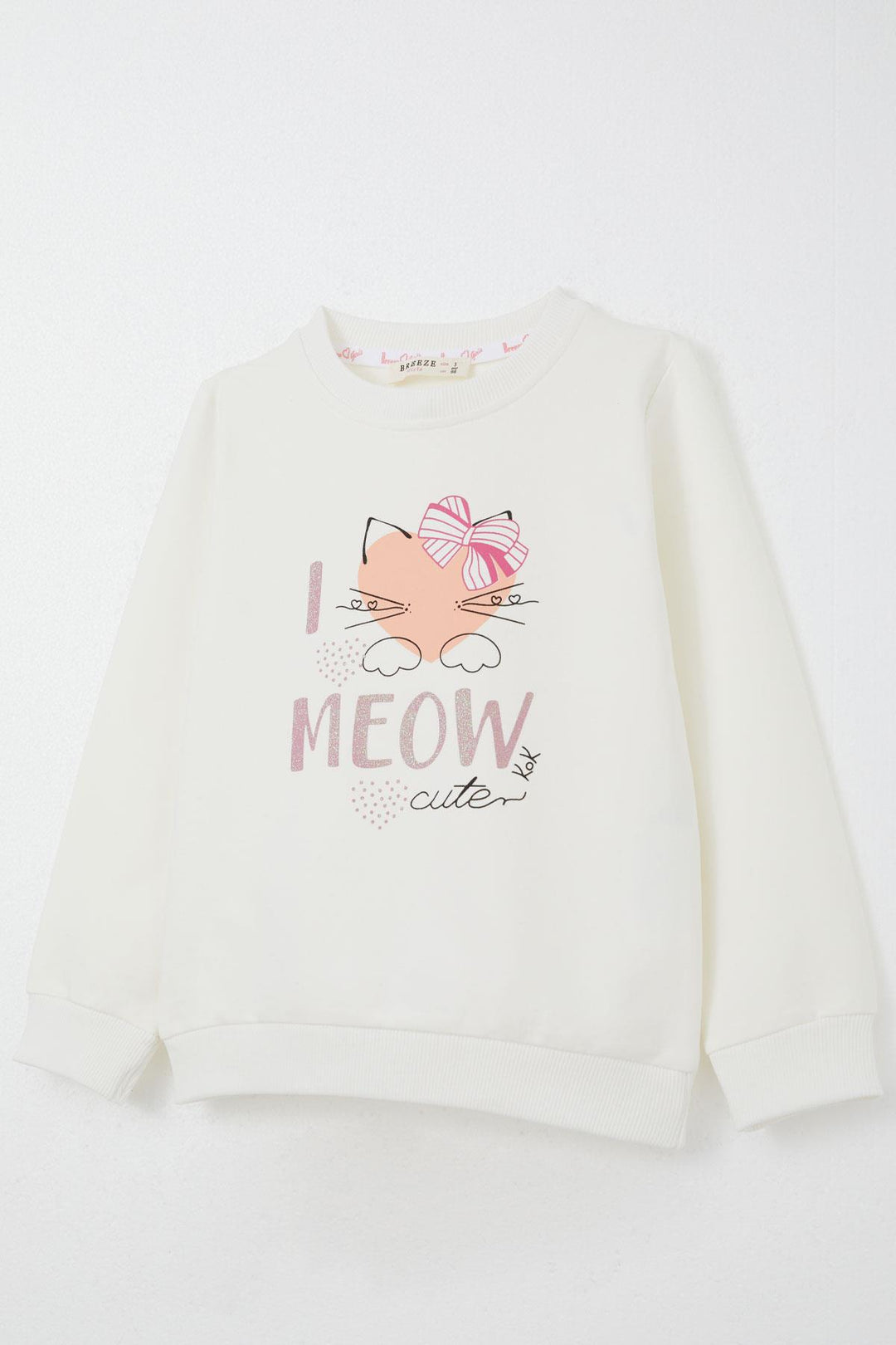 BRE Breeze Girl Child Tracksuit Cute Bow Printed Cat 1.5-5 Years, Ecru - El Monte