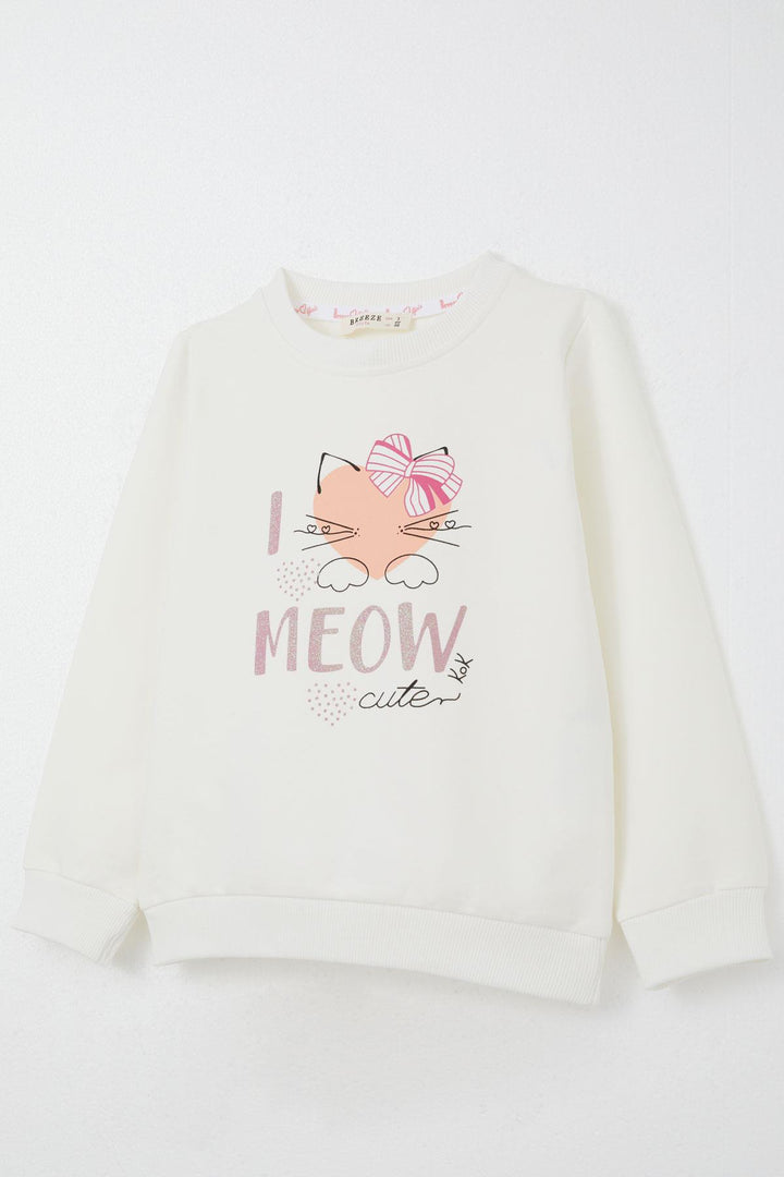 BRE Breeze Girl Child Tracksuit Cute Bow Printed Cat 1.5-5 Years, Ecru - El Monte