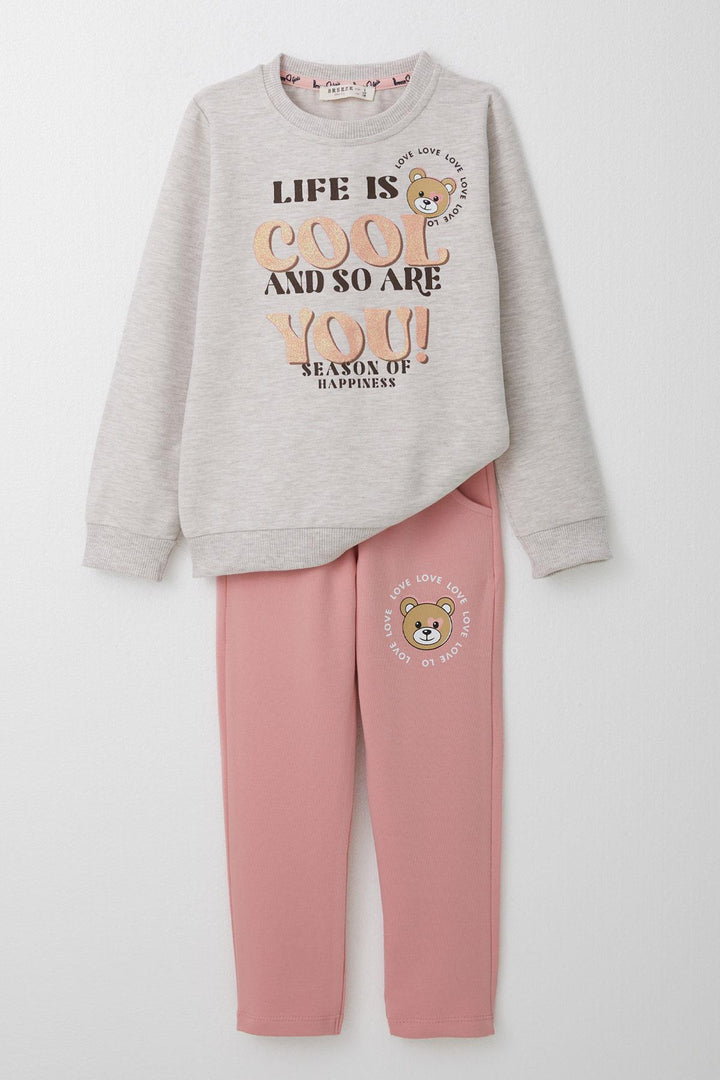BRE Breeze Girl Child Tracksuit with Glittery Printed Cute Bear Design 1.5-5 Years, Beige Melange - New Orleans