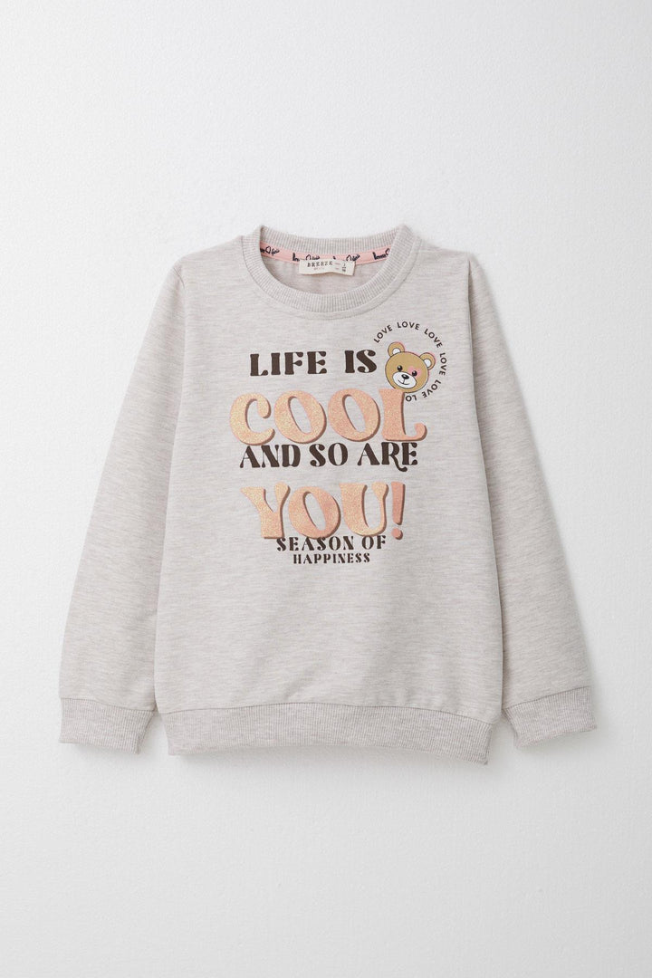 BRE Breeze Girl Child Tracksuit with Glittery Printed Cute Bear Design 1.5-5 Years, Beige Melange - New Orleans