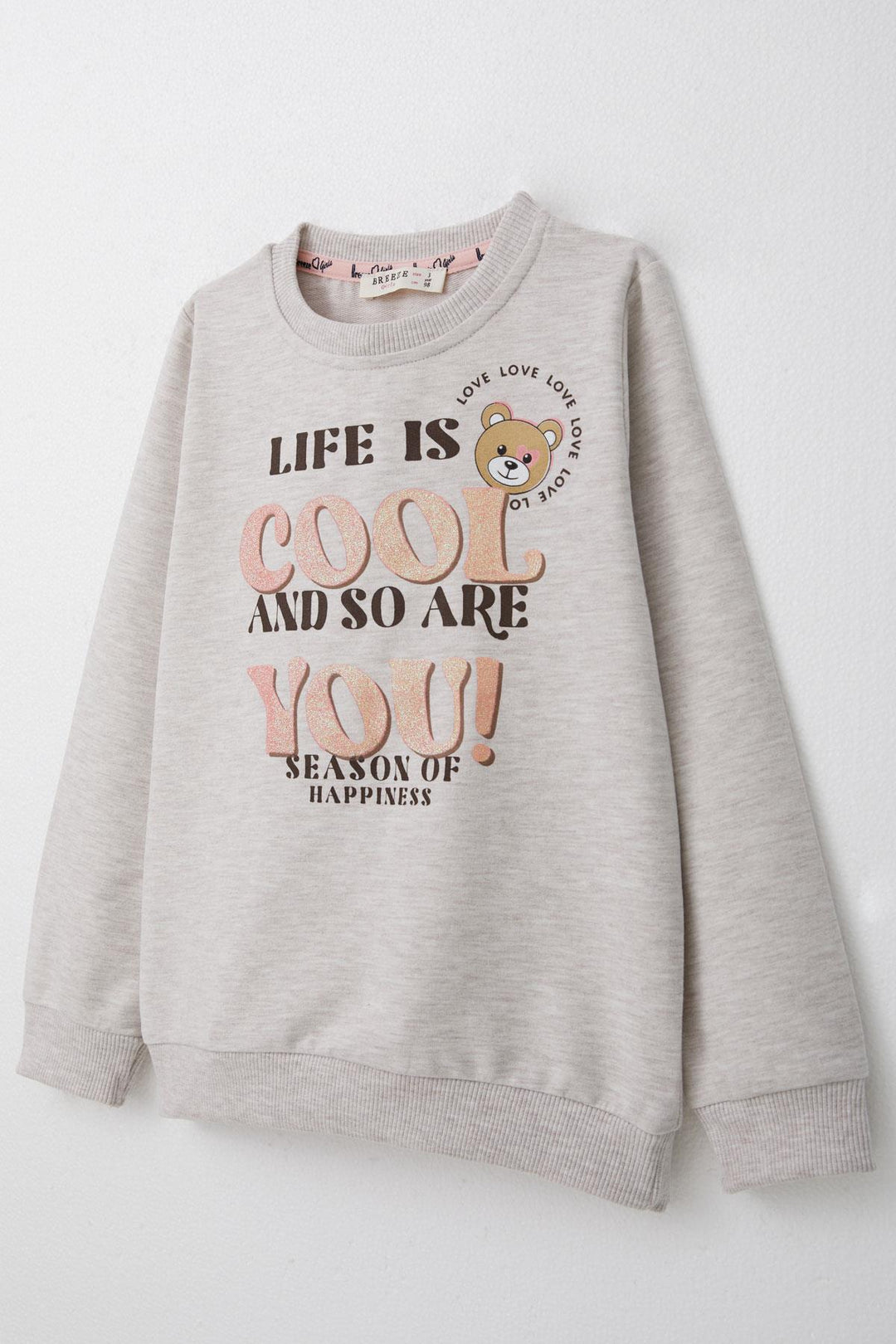 BRE Breeze Girl Child Tracksuit with Glittery Printed Cute Bear Design 1.5-5 Years, Beige Melange - New Orleans