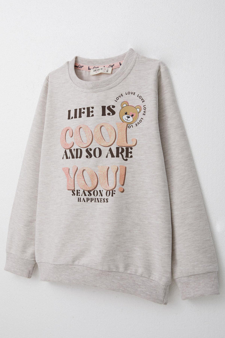 BRE Breeze Girl Child Tracksuit with Glittery Printed Cute Bear Design 1.5-5 Years, Beige Melange - New Orleans