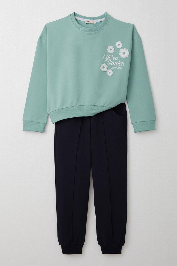 BRE Breeze Girl Child Tracksuit with Slogan Theme Fringed Flower Embroidered 4-9 Years, Aqua Green - Kearny