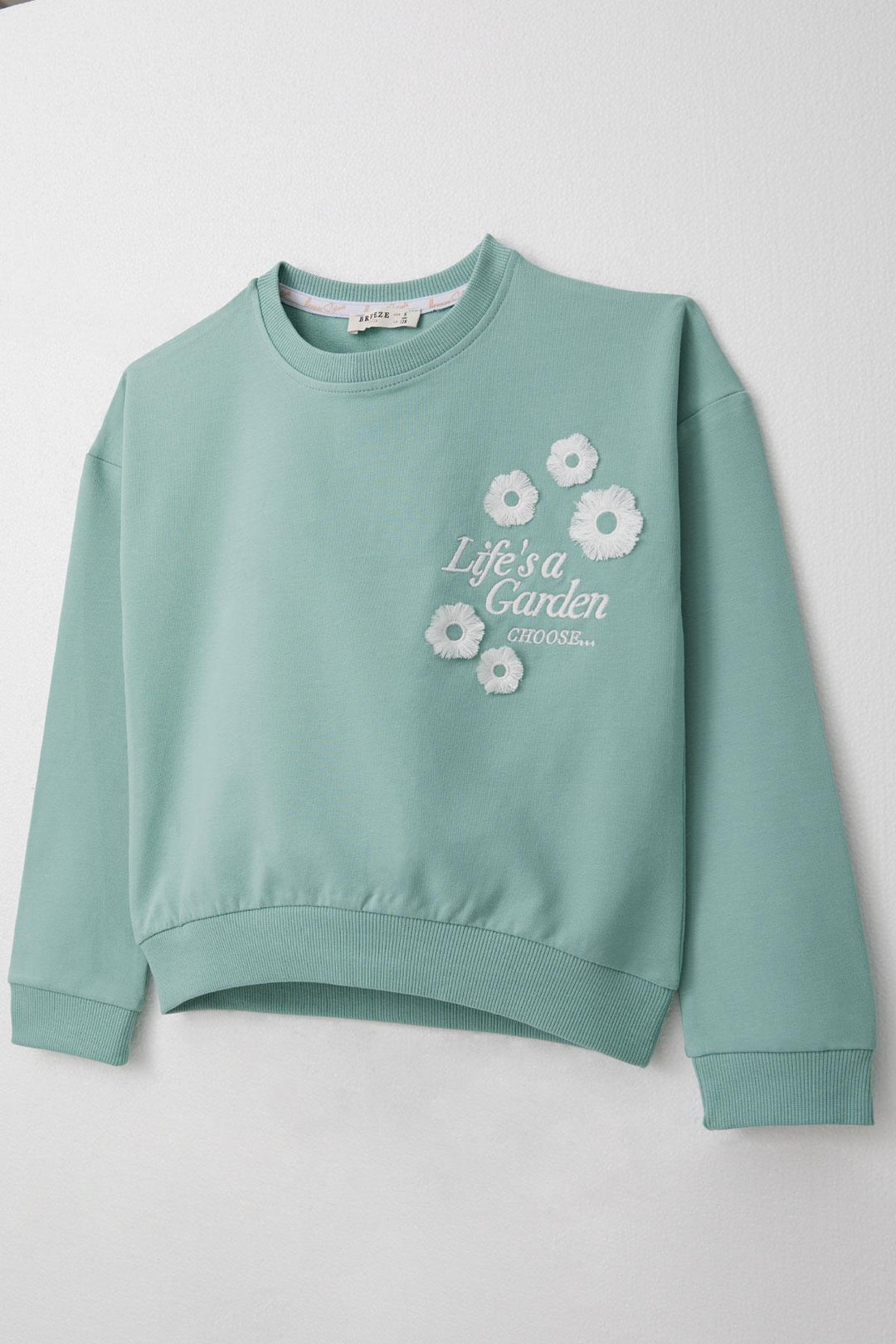 BRE Breeze Girl Child Tracksuit with Slogan Theme Fringed Flower Embroidered 4-9 Years, Aqua Green - Kearny