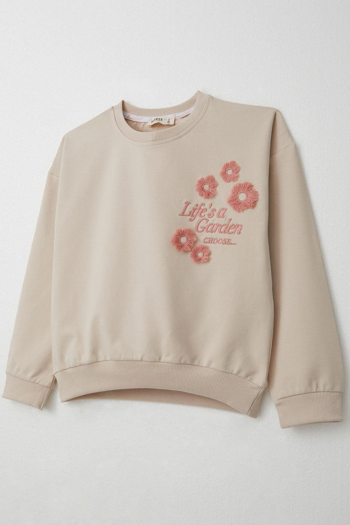 BRE Breeze Girl Child Tracksuit Slogan Themed Fringed Flower Embroidered 4-9 Years, Beige - Lake Havasu City